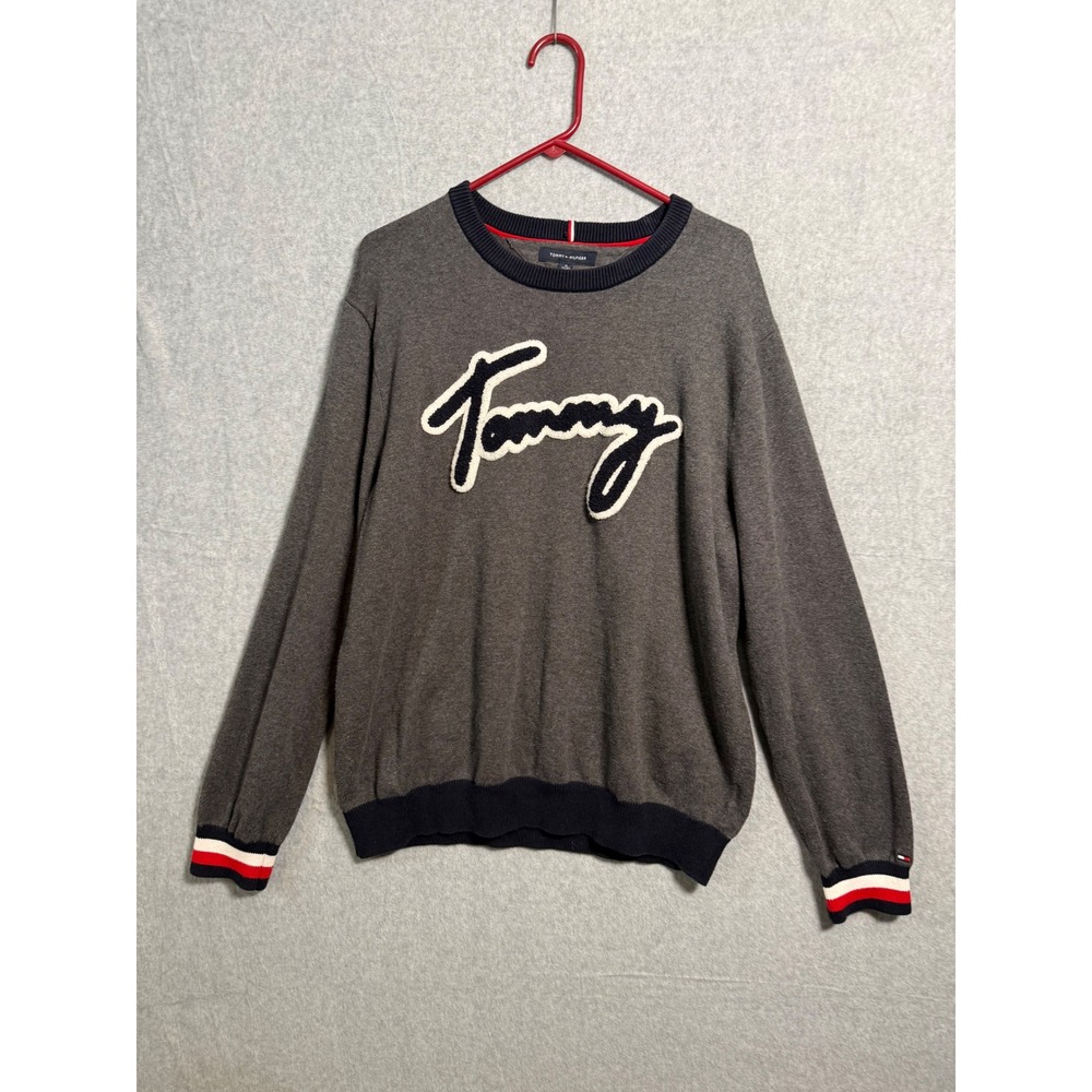 Tommy Hilfiger Mens XL Gray Chenille Logo Cotton Crewneck Sweater Navy Trim